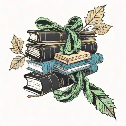 A knitted scarf wrapping around a stack of books with autumn leaves falling around them tattoo design idea