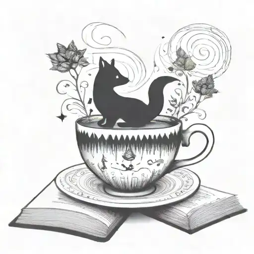 A magical coffee cup with steam swirling into books and pages flying out, surrounded by forest creatures like foxes and bears tattoo design idea