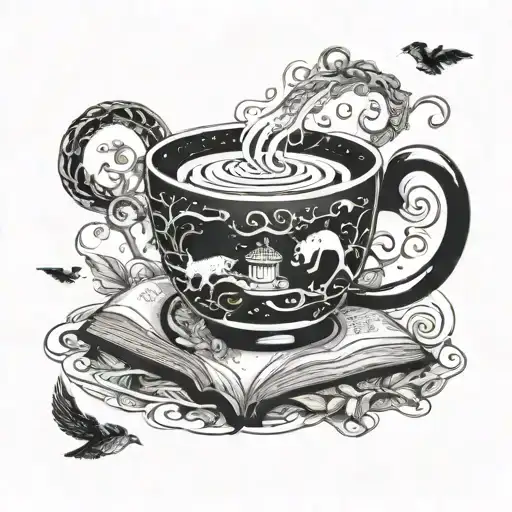 A magical coffee cup with steam swirling into books and pages flying out, surrounded by forest creatures like foxes and bears tattoo design idea