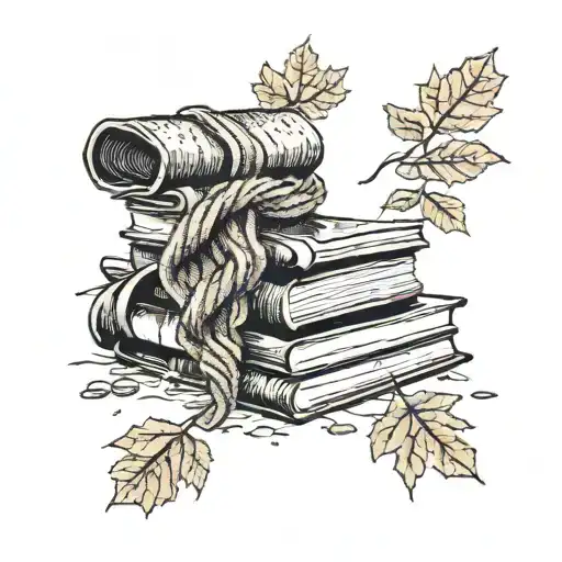 A knitted scarf wrapping around a stack of books with autumn leaves falling around them tattoo design idea