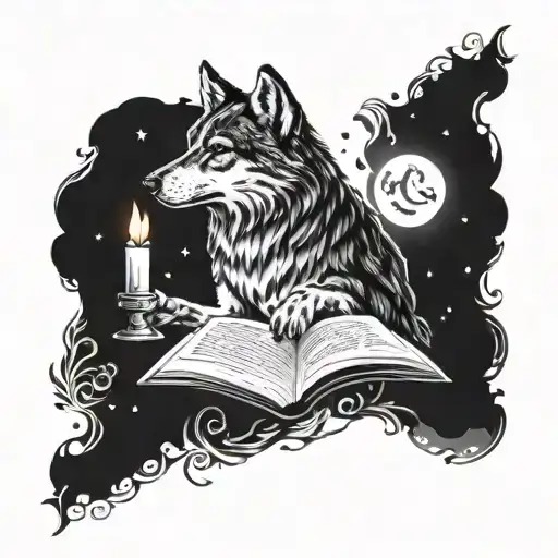 An intricate design of a wolf reading a book under a full moon, with mystical symbols and potions scattered around tattoo design idea