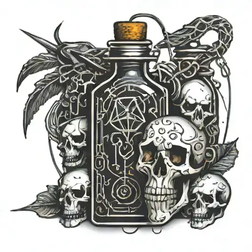 A magical potion bottle with a knitting needle and yarn intertwined, surrounded by animal skulls tattoo design idea