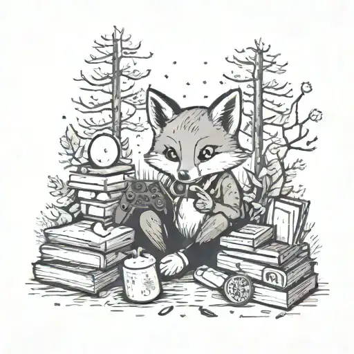 An autumn scene with a fox playing video games in a cozy forest setting, with books scattered around and a magical aura tattoo design idea