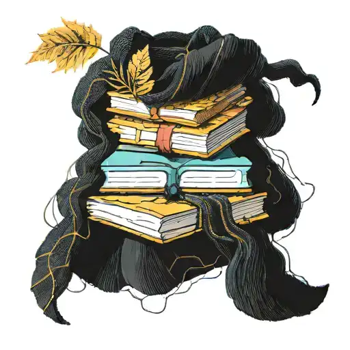 A knitted scarf wrapping around a stack of books with autumn leaves falling around them tattoo design idea
