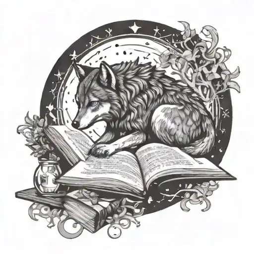 An intricate design of a wolf reading a book under a full moon, with mystical symbols and potions scattered around tattoo design idea