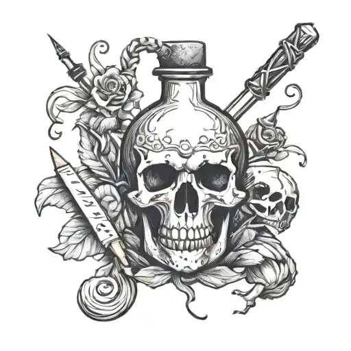 A magical potion bottle with a knitting needle and yarn intertwined, surrounded by animal skulls tattoo design idea