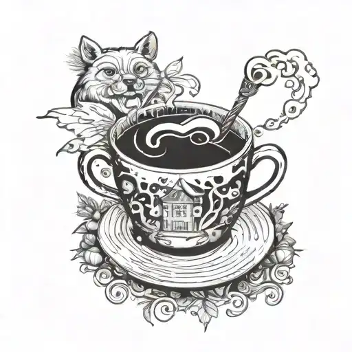 A magical coffee cup with steam swirling into books and pages flying out, surrounded by forest creatures like foxes and bears tattoo design idea