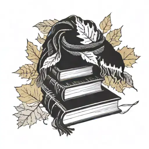 A knitted scarf wrapping around a stack of books with autumn leaves falling around them tattoo design idea