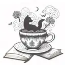 A magical coffee cup with steam swirling into books and pages flying out, surrounded by forest creatures like foxes and bears tattoo design idea