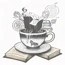 A magical coffee cup with steam swirling into books and pages flying out, surrounded by forest creatures like foxes and bears tattoo design idea