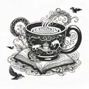 A magical coffee cup with steam swirling into books and pages flying out, surrounded by forest creatures like foxes and bears tattoo design idea