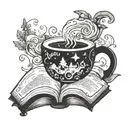 A magical coffee cup with steam swirling into books and pages flying out, surrounded by forest creatures like foxes and bears tattoo design idea