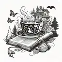 A magical coffee cup with steam swirling into books and pages flying out, surrounded by forest creatures like foxes and bears tattoo design idea