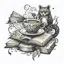 A magical coffee cup with steam swirling into books and pages flying out, surrounded by forest creatures like foxes and bears tattoo design idea