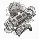 An intricate design of sacred geometry incorporating elements of video game controllers tattoo design idea