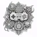 An intricate design of sacred geometry incorporating elements of video game controllers tattoo design idea
