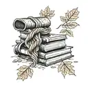 A knitted scarf wrapping around a stack of books with autumn leaves falling around them tattoo design idea