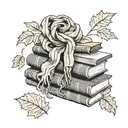 A knitted scarf wrapping around a stack of books with autumn leaves falling around them tattoo design idea
