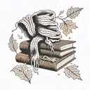 A knitted scarf wrapping around a stack of books with autumn leaves falling around them tattoo design idea