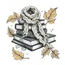 A knitted scarf wrapping around a stack of books with autumn leaves falling around them tattoo design idea
