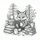 An autumn scene with a fox playing video games in a cozy forest setting, with books scattered around and a magical aura tattoo design idea