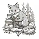 An autumn scene with a fox playing video games in a cozy forest setting, with books scattered around and a magical aura tattoo design idea