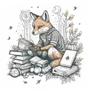 An autumn scene with a fox playing video games in a cozy forest setting, with books scattered around and a magical aura tattoo design idea