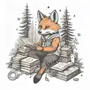 An autumn scene with a fox playing video games in a cozy forest setting, with books scattered around and a magical aura tattoo design idea