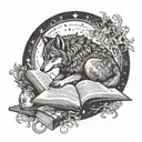 An intricate design of a wolf reading a book under a full moon, with mystical symbols and potions scattered around tattoo design idea