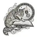 An intricate design of a wolf reading a book under a full moon, with mystical symbols and potions scattered around tattoo design idea