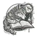 An intricate design of a wolf reading a book under a full moon, with mystical symbols and potions scattered around tattoo design idea