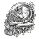 An intricate design of a wolf reading a book under a full moon, with mystical symbols and potions scattered around tattoo design idea