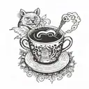 A magical coffee cup with steam swirling into books and pages flying out, surrounded by forest creatures like foxes and bears tattoo design idea