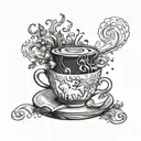 A magical coffee cup with steam swirling into books and pages flying out, surrounded by forest creatures like foxes and bears tattoo design idea
