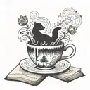 A magical coffee cup with steam swirling into books and pages flying out, surrounded by forest creatures like foxes and bears tattoo design idea