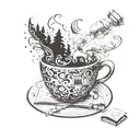 A magical coffee cup with steam swirling into books and pages flying out, surrounded by forest creatures like foxes and bears tattoo design idea