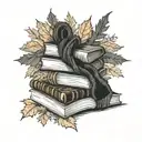 A knitted scarf wrapping around a stack of books with autumn leaves falling around them tattoo design idea