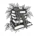 A knitted scarf wrapping around a stack of books with autumn leaves falling around them tattoo design idea