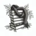 A knitted scarf wrapping around a stack of books with autumn leaves falling around them tattoo design idea