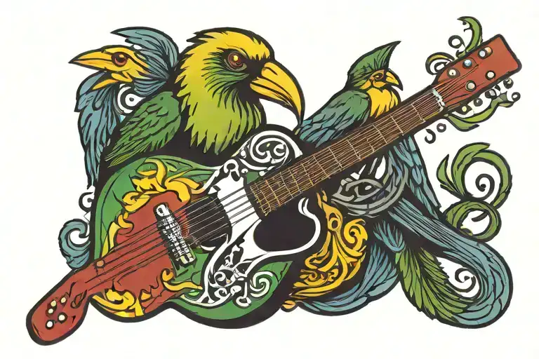 guitar with 3 birds perched in front of reggae flag tattoo design idea