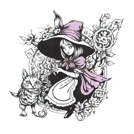 A surreal mashup of Alice in Wonderland and Little Red Riding Hood in a purple and black color scheme tattoo design idea