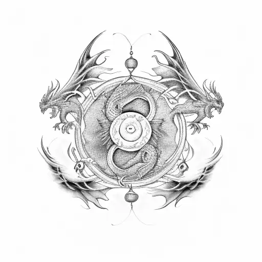 Dragon and phoenix woth a dream catcher yin yang in the middle tattoo design idea