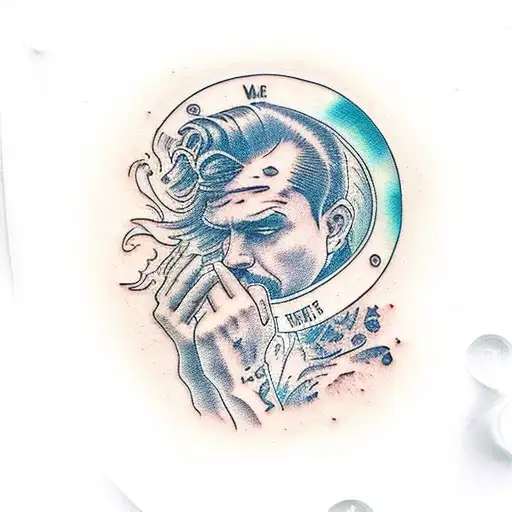 Polaroid picture with waves and man washing his hair in a lake  tattoo design idea