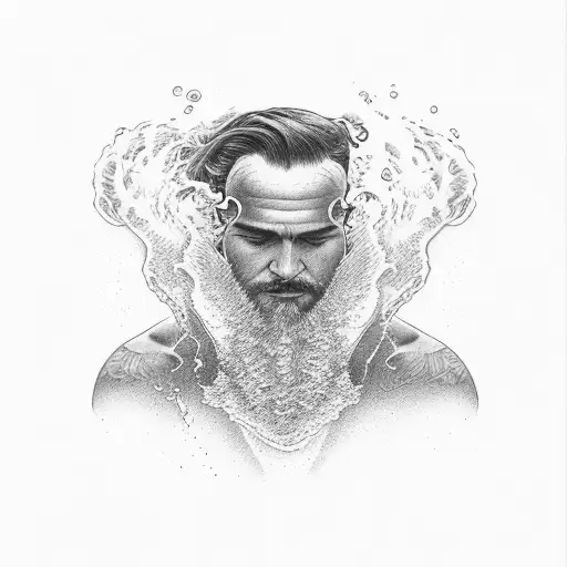 Polaroid picture with waves and man washing his hair in a lake  tattoo design idea