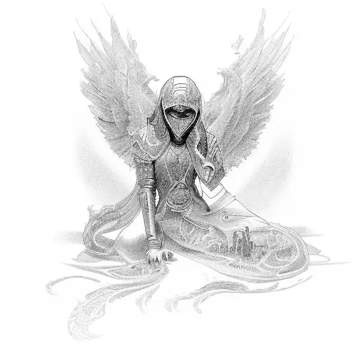 angle wing wiht littlew girls kneeling and praying tattoo design idea