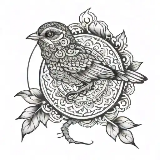 Combine an Indian mandala with a serene bird perched on a branch in a yoga posture tattoo design idea