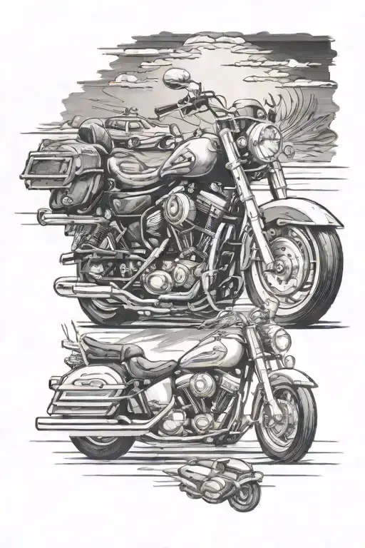 Create a tattoo of a motorcycle and a muscle car parked side by side on a deserted road, capturing your passion for both vehicles and the freedom of the open road tattoo design idea