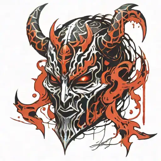 Face and Mask: Mask: Draw a mask in the style of Shadow Fiend from Dota 2. It should be black with sharp edges and angul tattoo design idea