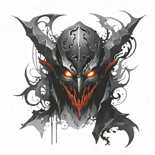 Face and Mask: Mask: Draw a mask in the style of Shadow Fiend from Dota 2. It should be black with sharp edges and angular tattoo design idea