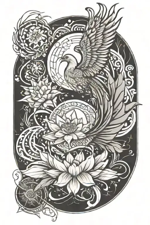 Lotus and Phoenix Moon   tattoo design idea